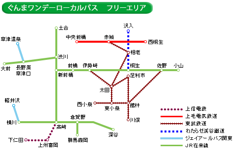 ぐんまワンデーローカルパス フリーエリア図