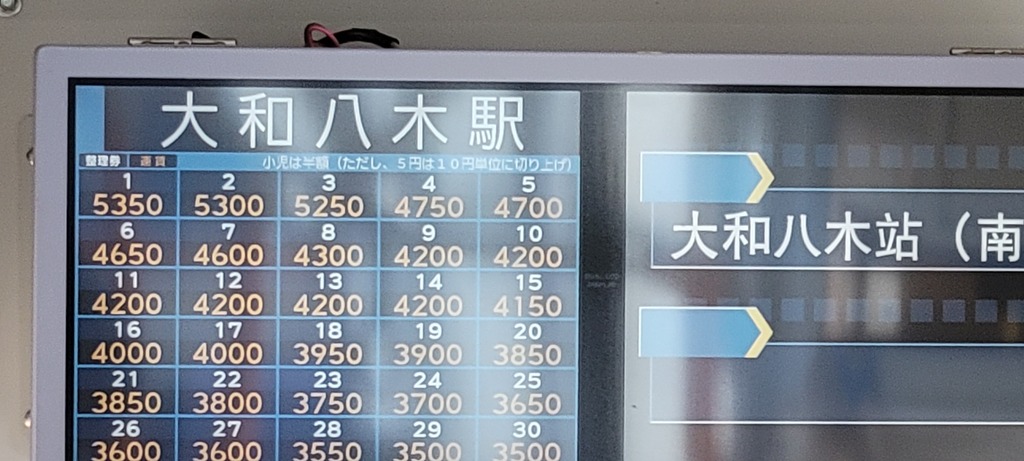 「特急八木新宮線の運賃表(新宮〜大和八木)」